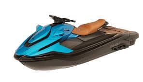 Taiga Orca WX3 personal watercraft with turquoise and black body, brown seat, and handlebars, shown at a three-quarter angle.