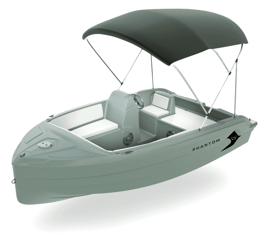 Vision Marine Phantom boat shown from the port side, with the bow at left and canopy over the cockpit.
