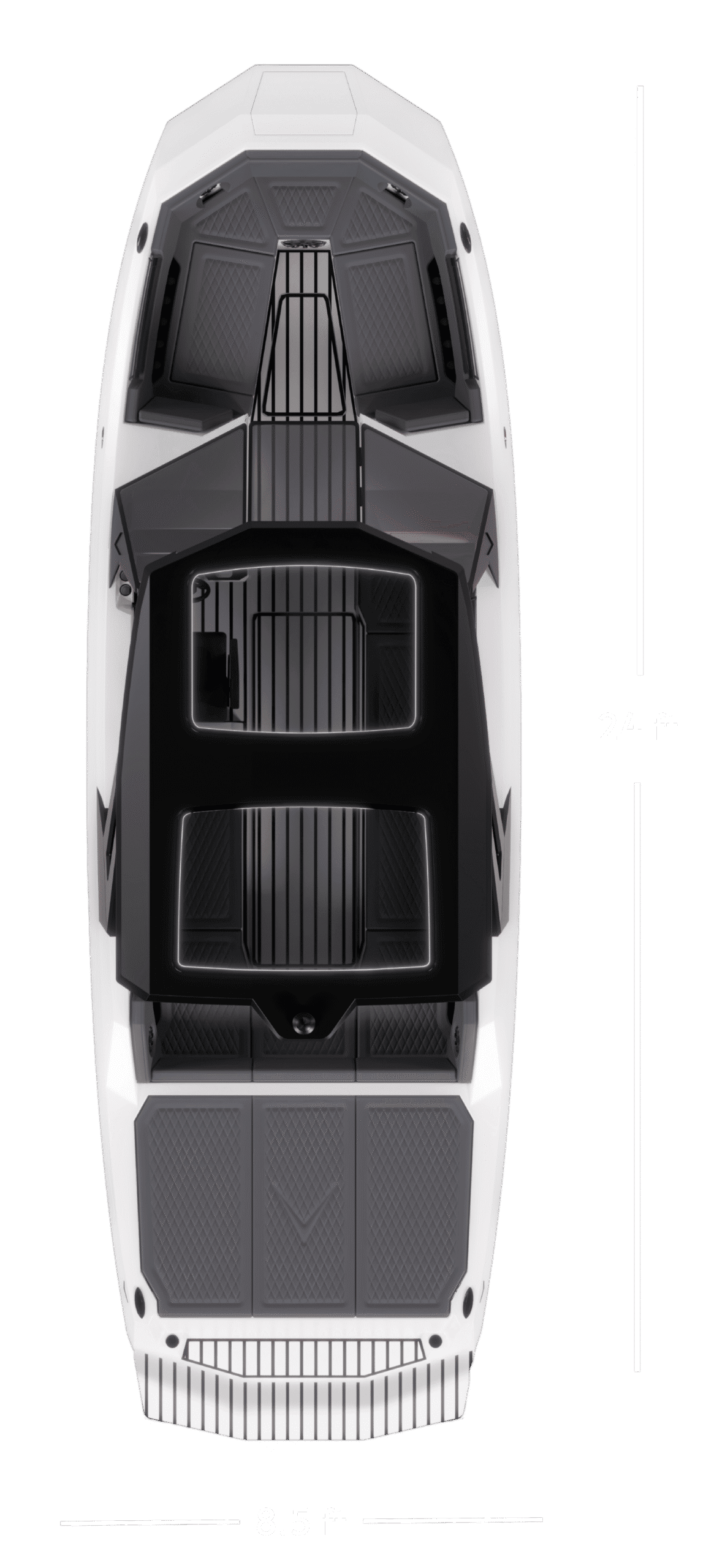 Top-down view of a white 24-foot electric boat with black seating and deck surfaces, labeled 8.5 feet wide (2026 Voltaic AEW24).