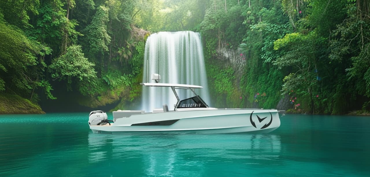 Sterk 31E-style electric boat on turquoise water, with a hardtop and outboard motor, set against a lush forest and waterfall.