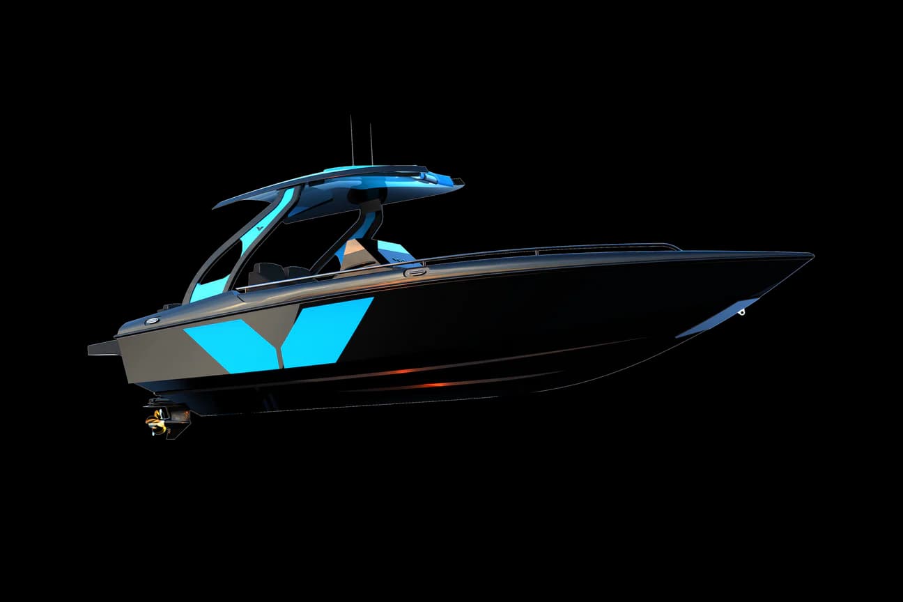 Voltari 260E shown in side profile, with the bow to the right and the open cockpit beneath the wakeboard tower.