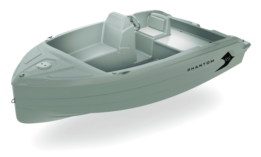 Vision Marine Phantom boat shown from an elevated front-side view, with the open bow, cockpit, seating, and “PHANTOM” hull marking visible.