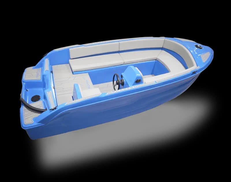 Blue Vision Marine Phantom electric boat with open cockpit, white seating, steering console, and rear swim platform.