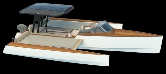 Novaluxe X-Wing electric boat with a wide canopy, open seating, twin hulls, and wood-accented deck.