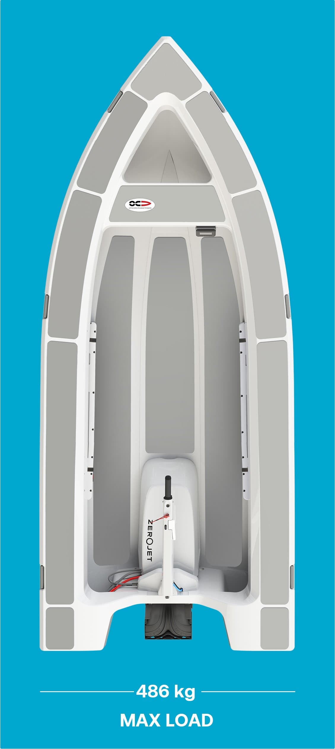 Top-down view of an OC300 interior showing the bow, seating, center console, outboard motor, and stern platform; maximum load text visible.