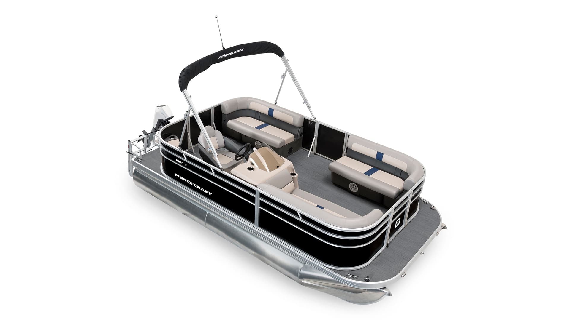 2026 Princecraft Brio E17 electric pontoon boat shown in three-quarter view with cushioned seating, steering console, canopy, and swim platform.
