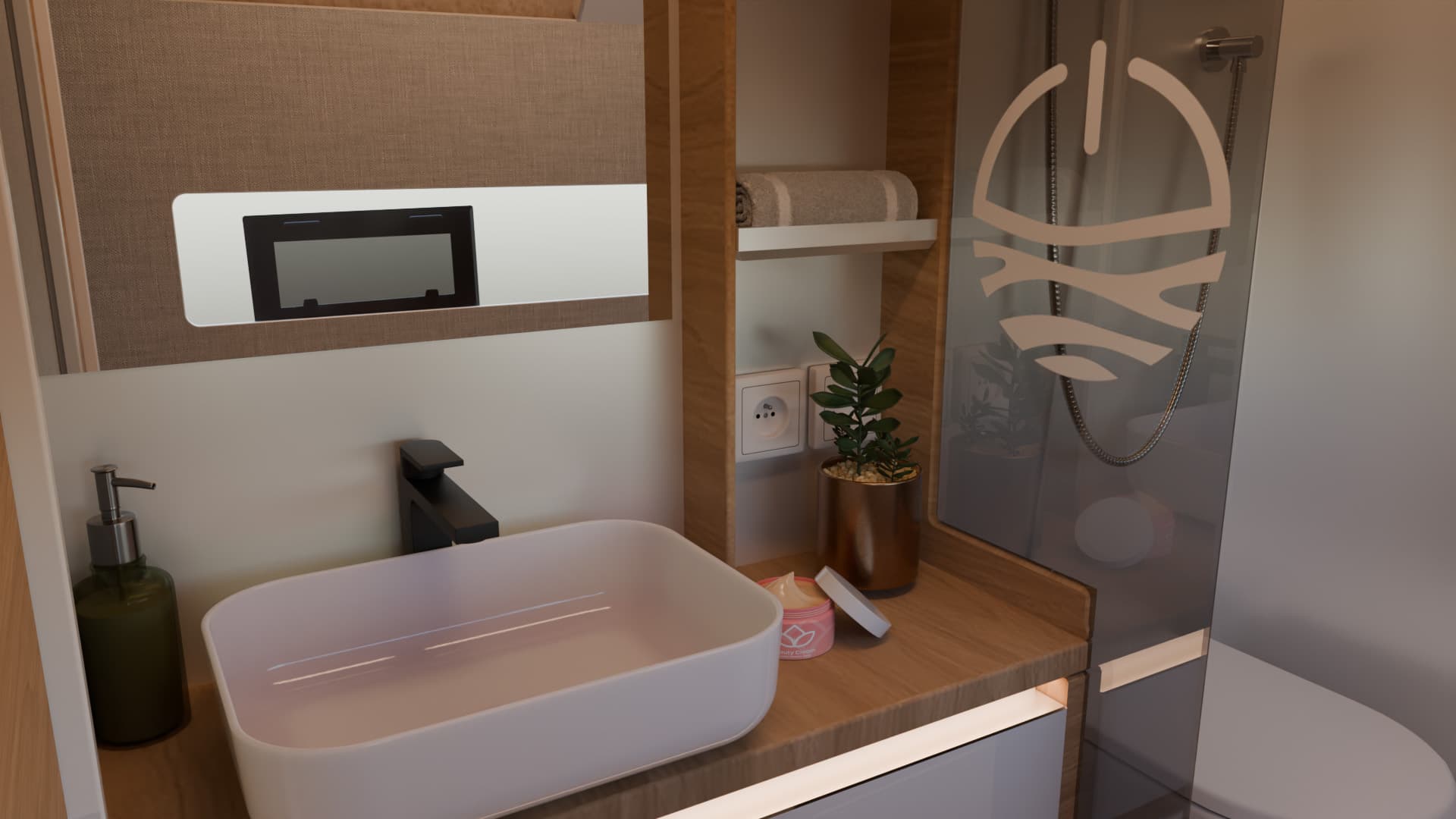 Marine bathroom with a vessel sink, wall-mounted faucet, toilet, wood cabinetry, Millikan M10 branded mirror, and potted plant.