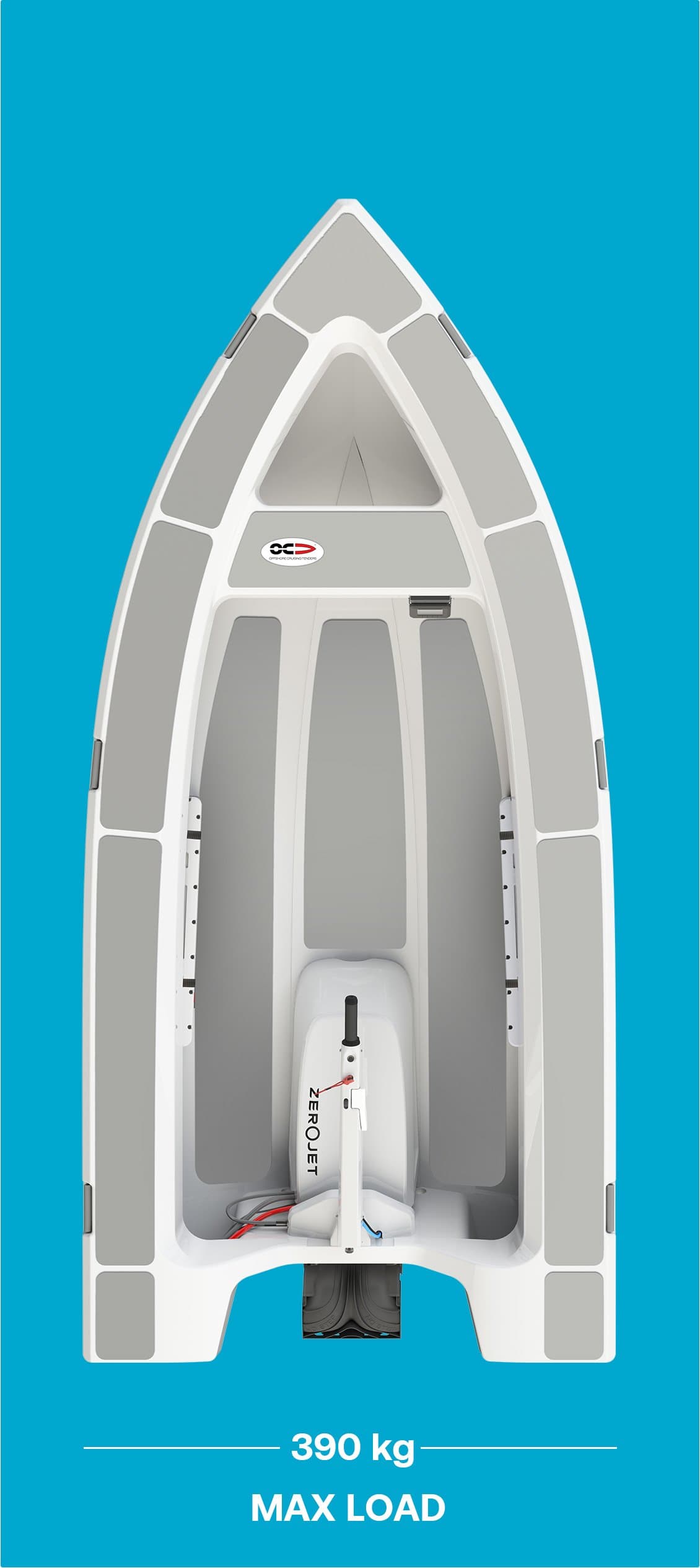 Top-down view of a gray Offshore Cruising Tenders OCT 330 electric tender with seating, outboard motor, and “390 kg max load” text.