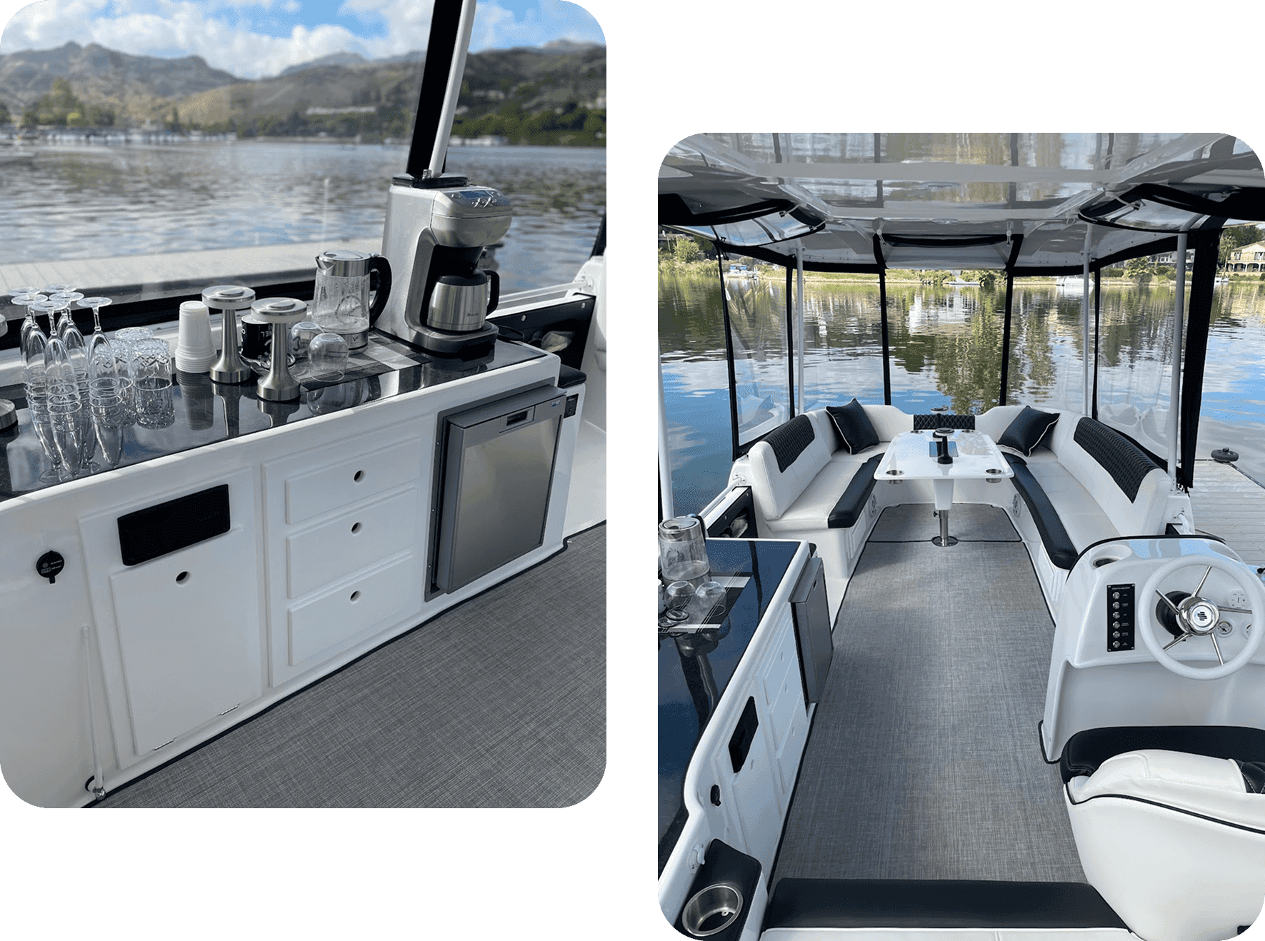 Two pictures of the galley and helm station of a deck boat with white interior and canopy overhead