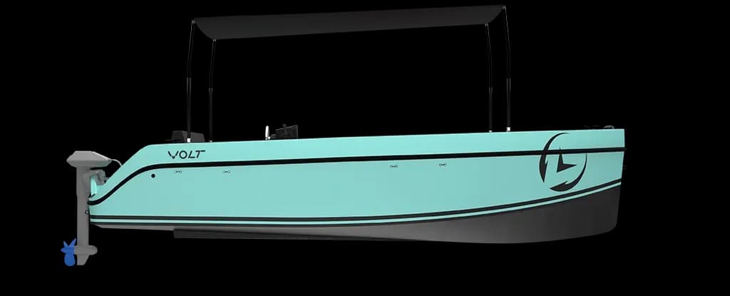 Side view of a turquoise Volt 180 electric marine boat with black canopy supports and a stylized lightning-bolt logo.