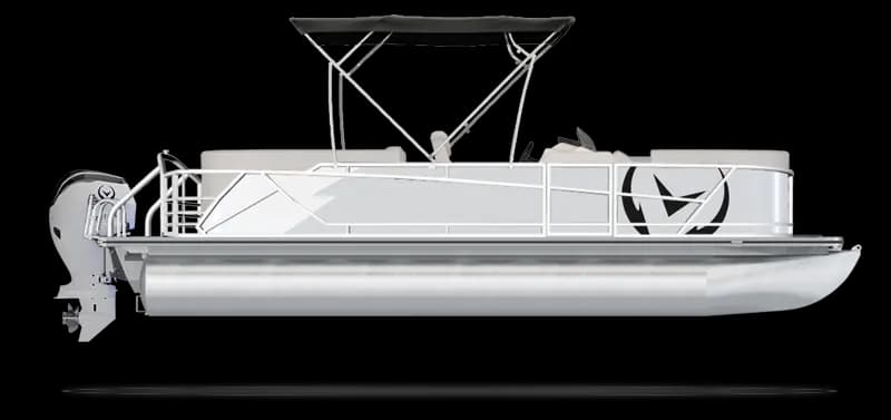 Side profile of a silver Vision Marine V24 pontoon boat with a canopy, railing, and outboard motor.