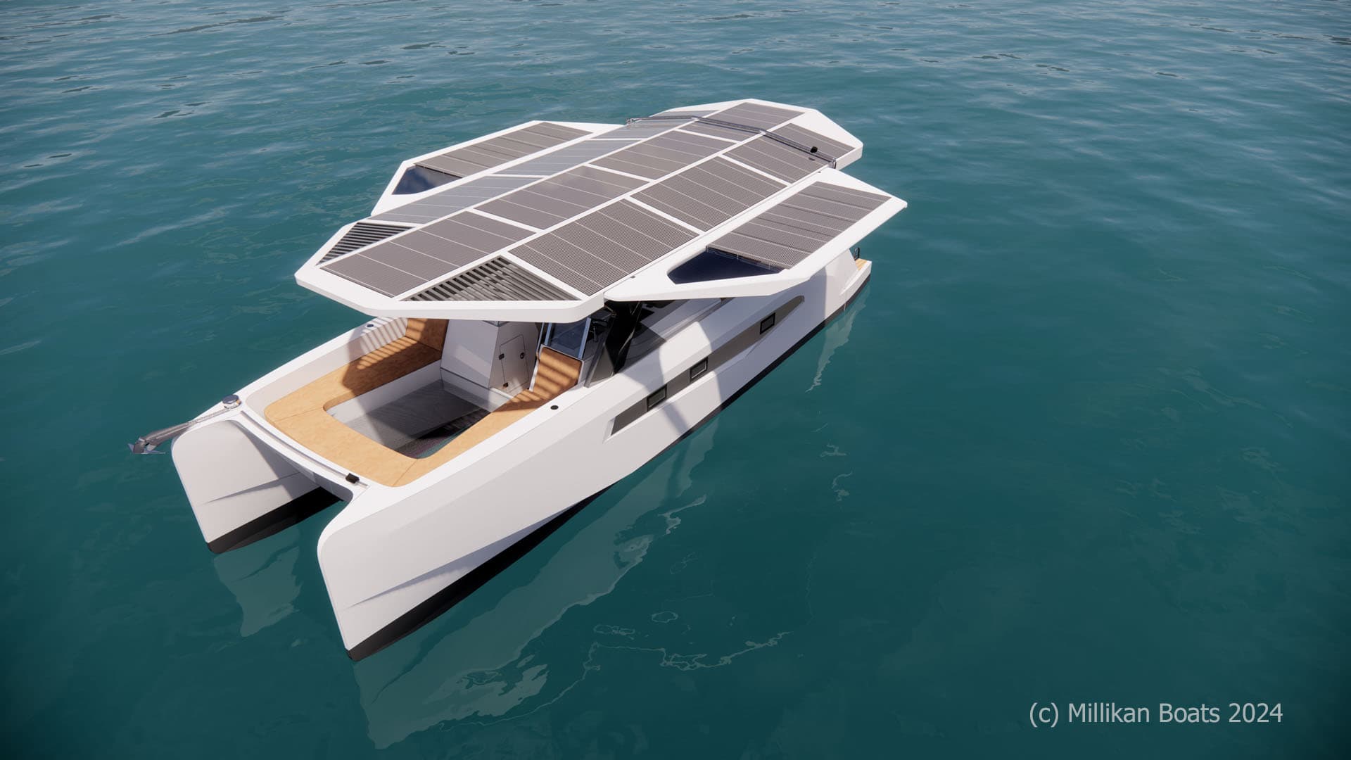 Millikan M10 electric catamaran with solar panels across its roof, viewed from above on calm blue water.