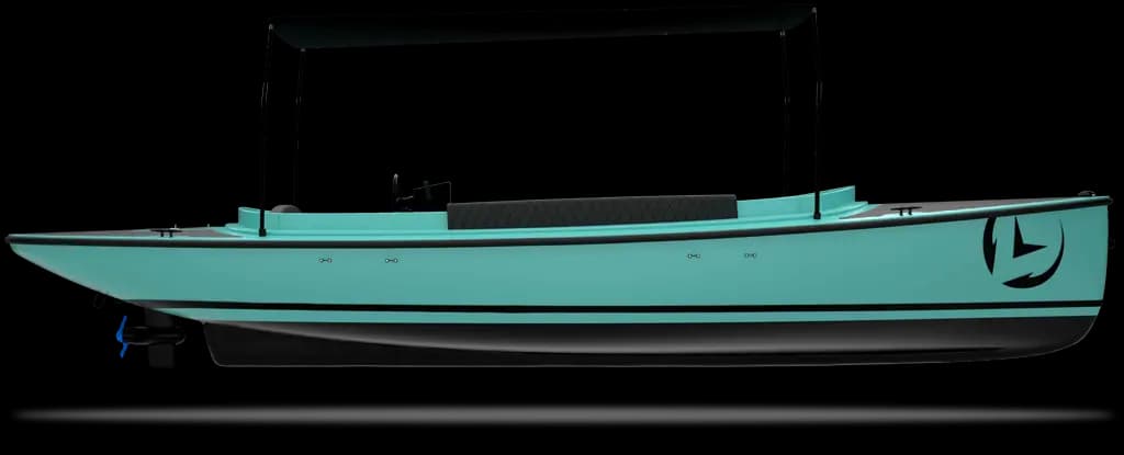 Side profile of a turquoise Vision Marine Fantail boat on a display stand, with a black canopy frame and stylized hull logo.