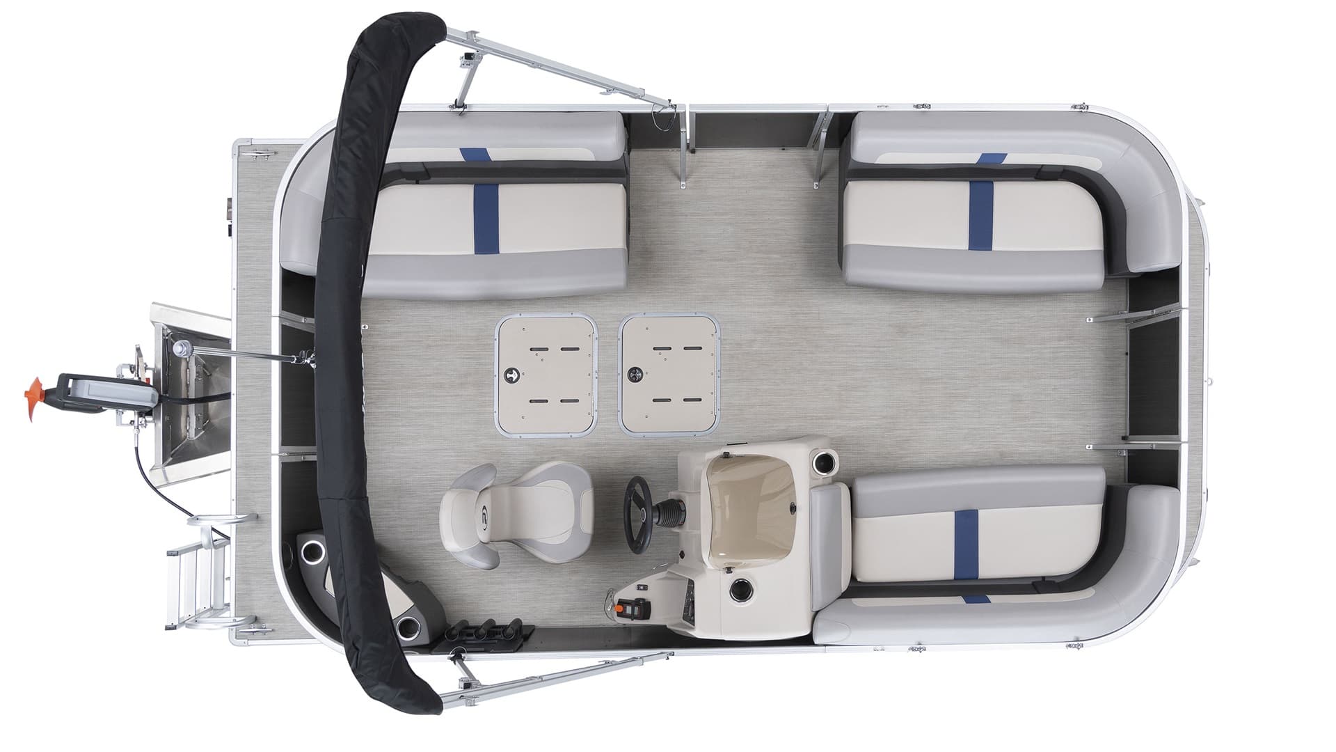 Top-down view of a Princecraft Brio E17 electric pontoon boat with seating, helm, canopy, and outboard motor.