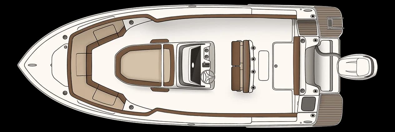 Top-down view of a Scout 215 XSF boat showing the open deck layout, seating, center console, bow area, and stern swim platform.