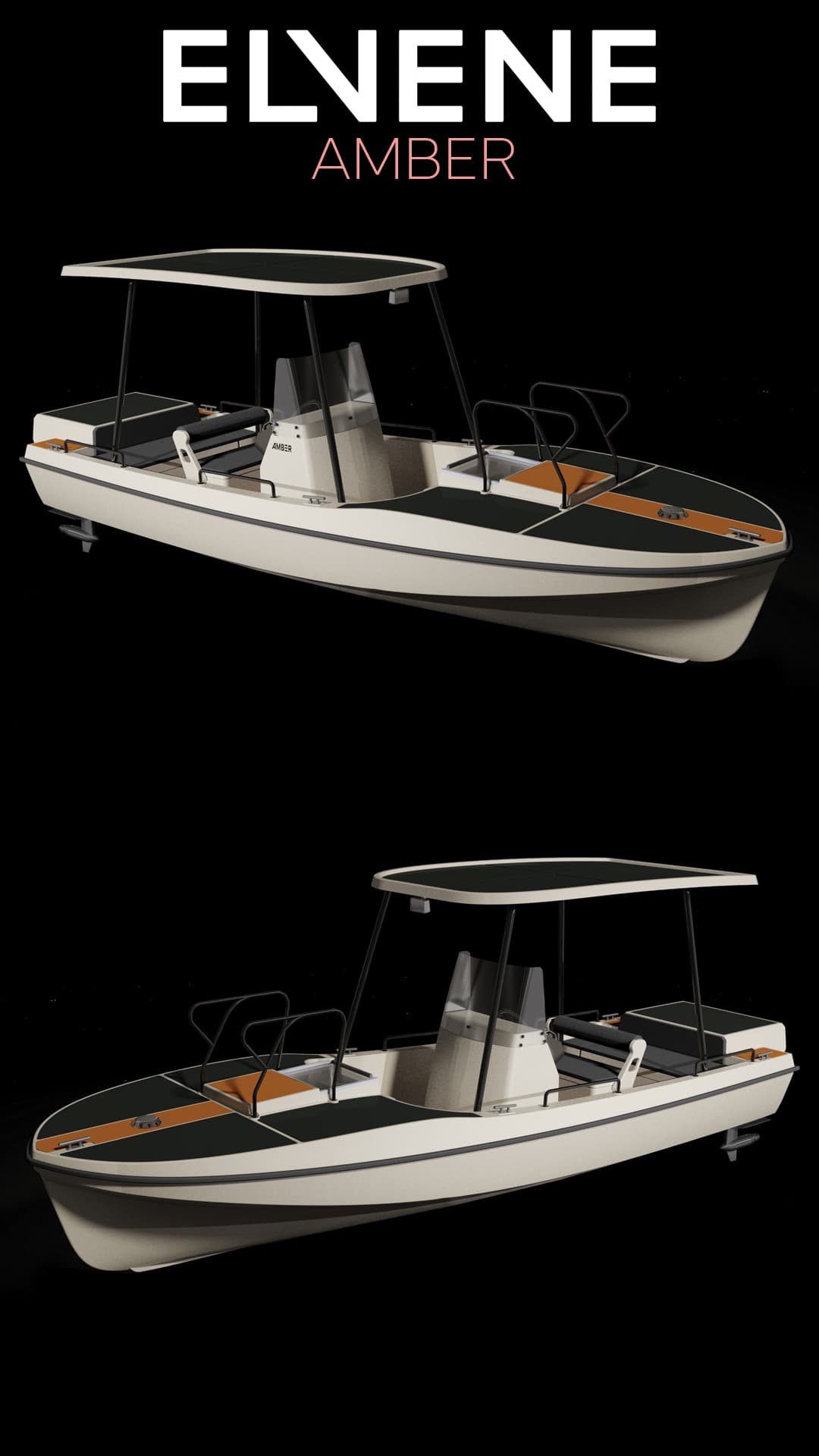 Two views of the Elvene Amber electric boat, showing its open deck, center console, canopy, seating, and hull.