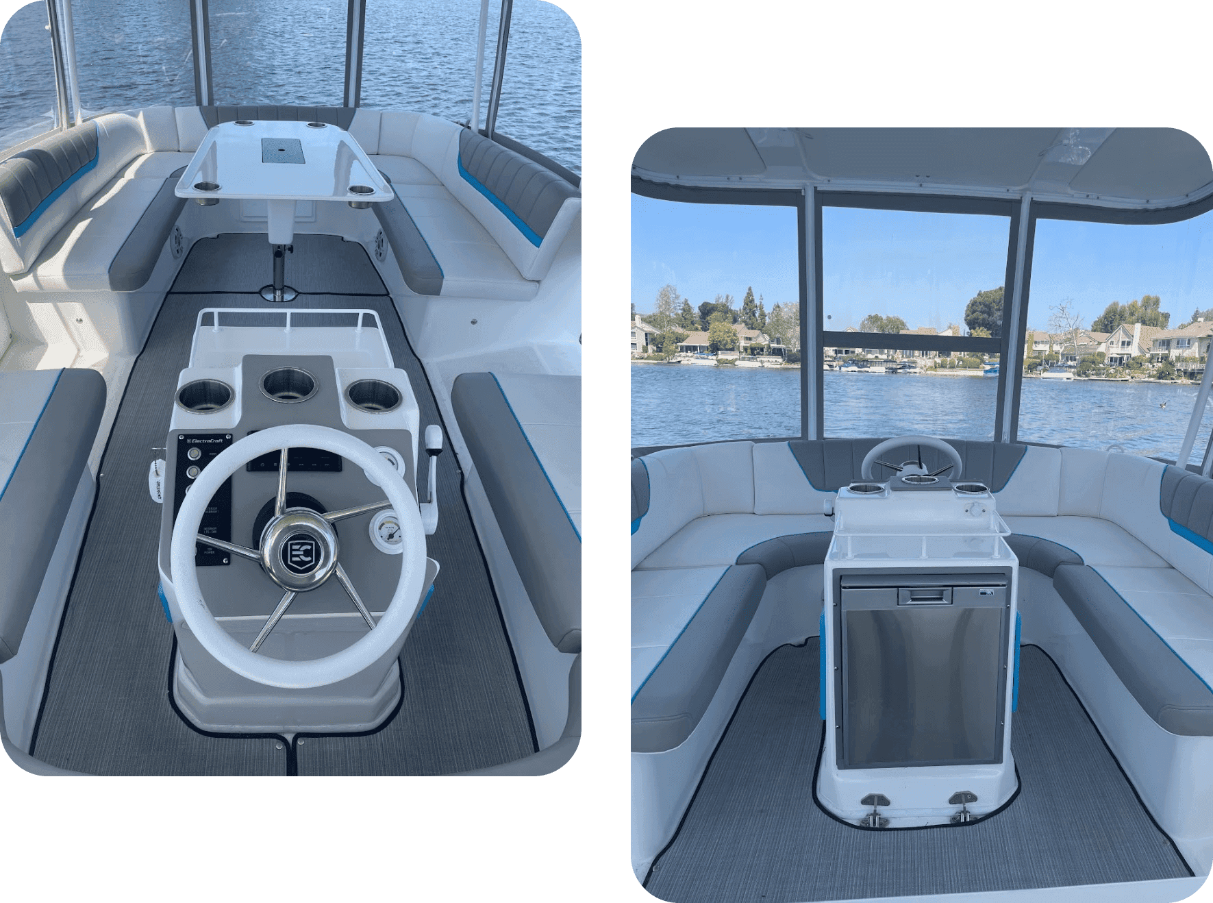 ElectraCraft 162TR boat helm and seating, with steering console, cup holders, canopy, and waterfront visible through the windshield.