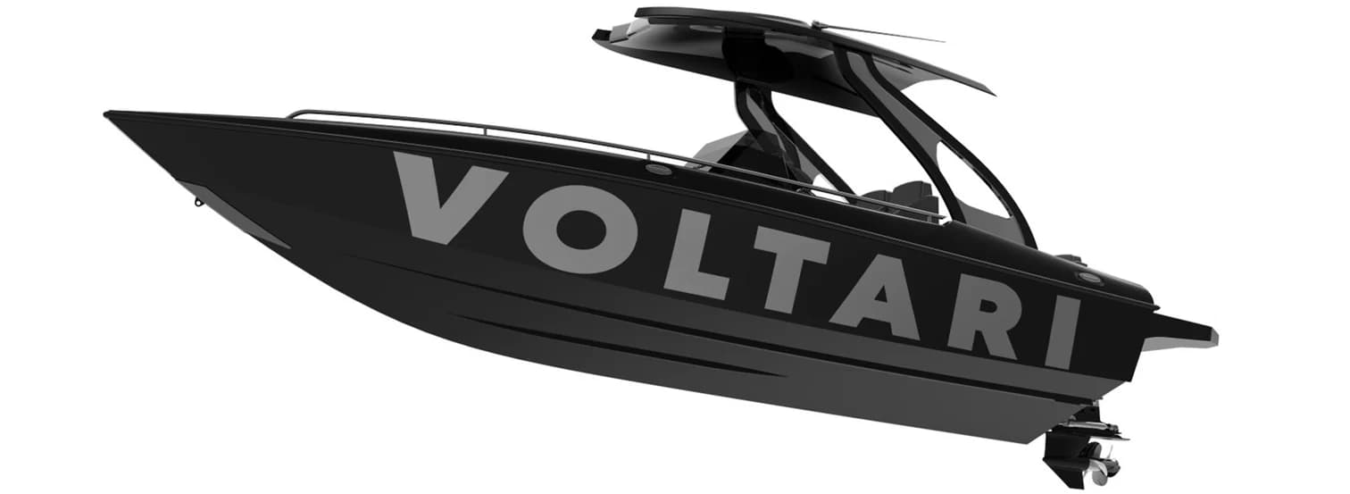 Black Voltari 260E electric boat with wakeboard tower and visible stern drive, shown in side view.