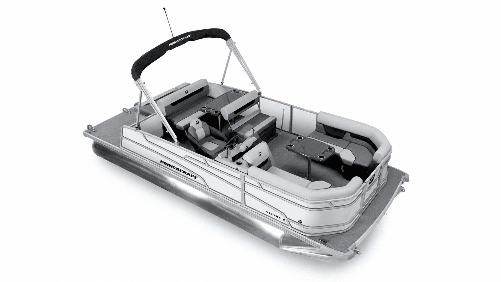 2026 Princecraft Vectra 21 RL pontoon boat viewed from above at the bow, showing the cockpit, seating, helm, and raised bimini top.