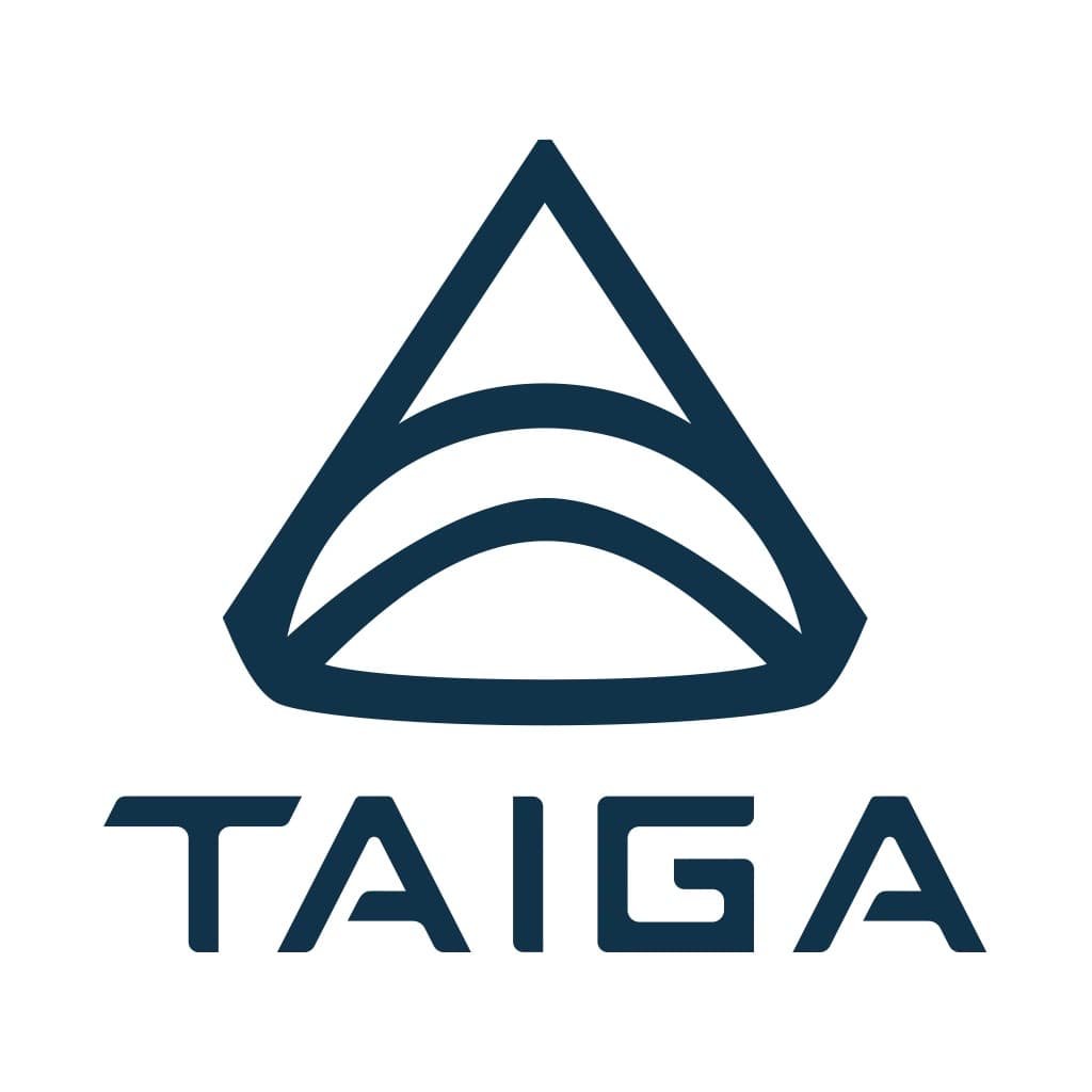 Taiga logo featuring a stylized triangular wave emblem above the brand name “TAIGA” on a white background