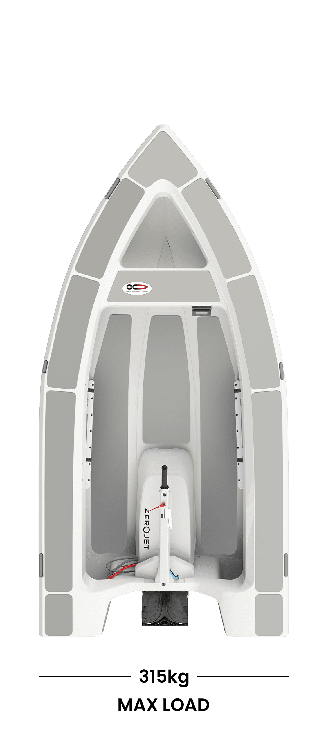 Top-down view of a small gray 2026 Offshore Cruising Tenders OC300 bow and cockpit, with central seating, side gunwales, and an outboard motor at the stern.