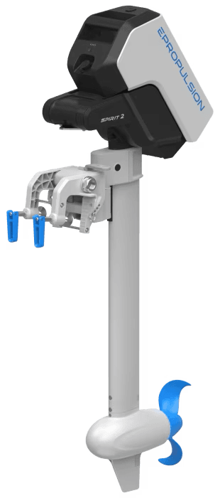 Close-up side view of an electric outboard (ePropulsion Spirit 2) motor with a long shaft, mounting bracket, and blue propeller.
