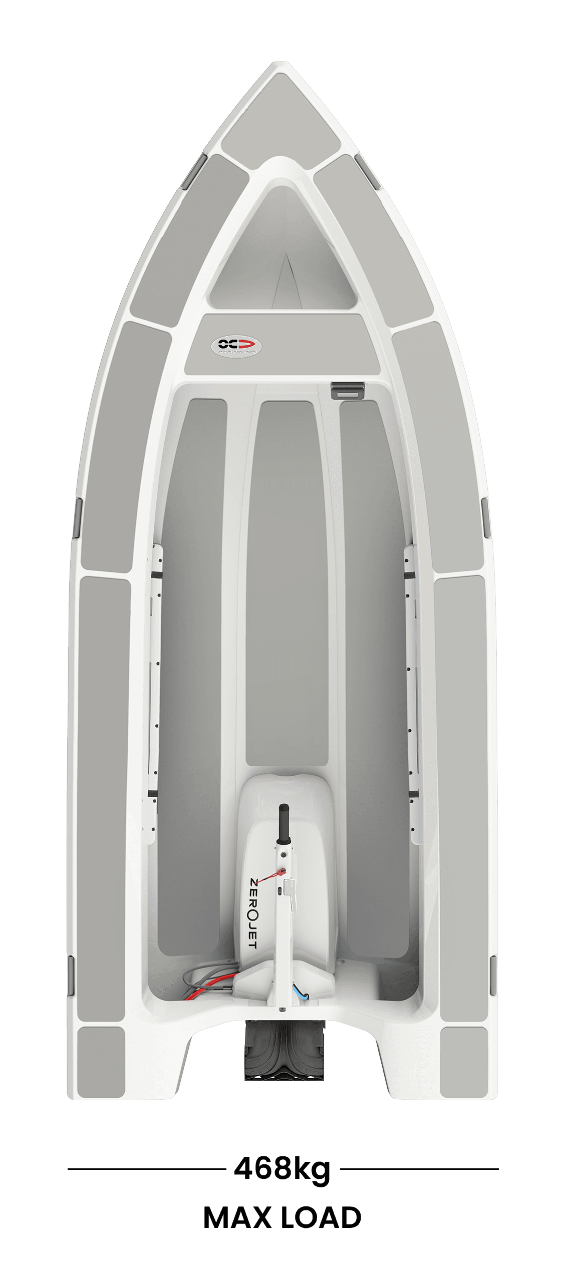 Top-down view of the Offshore Cruising Tenders OC300, showing the bow, cockpit, seating, and stern-mounted outboard motor.