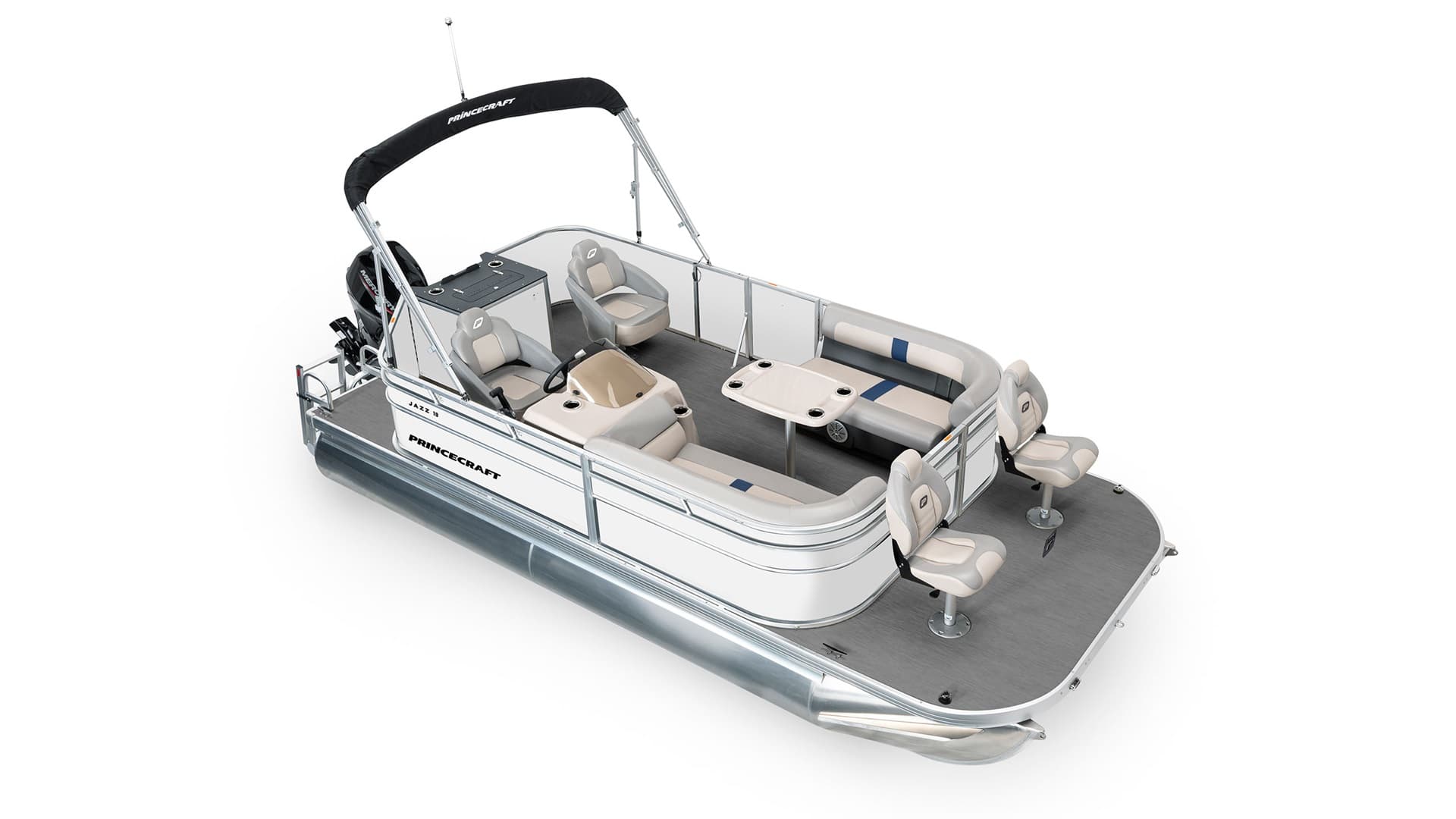 Princecraft Jazz 19 4s pontoon boat shown from above and at the front, with open seating, Bimini top, swim platform, and twin outboard motors