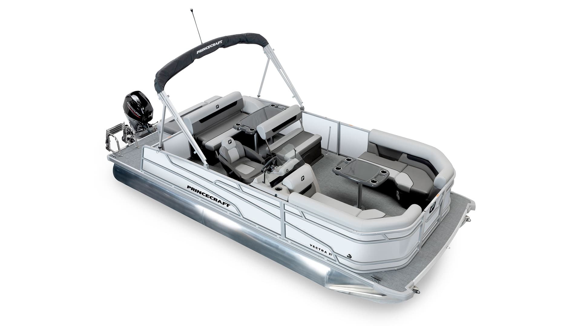 Princecraft Vectra 21 RL pontoon boat viewed from above, showing the bow seating area, cockpit, helm, swim platform, and folded canopy.