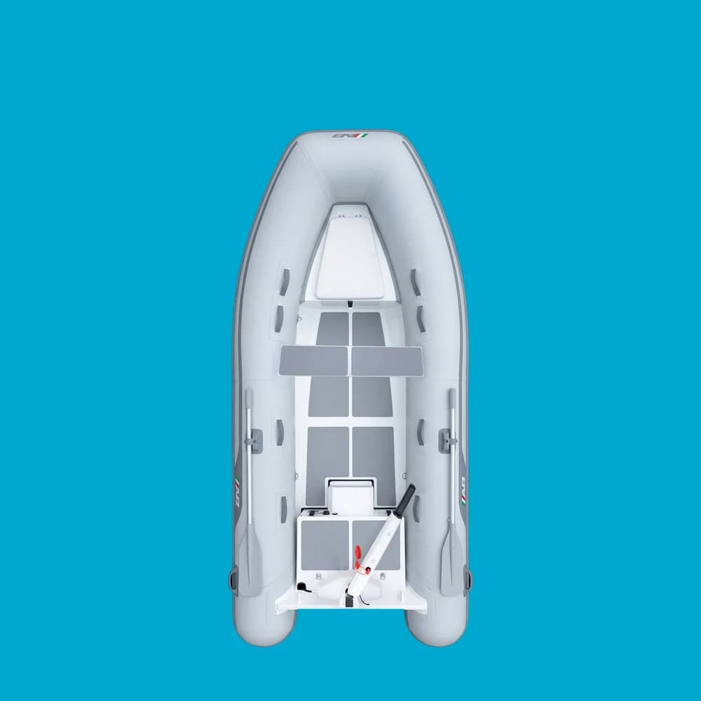AB T11 inflatable boat viewed from above, showing the bow, interior seating, and stern.
