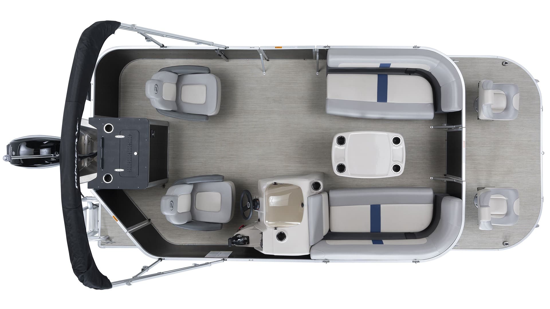 Top-down view of a 2026 Princecraft Jazz 19 4s pontoon boat, showing the full deck, seating, helm, table, and outboard motor.