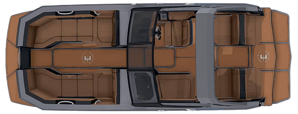 Top-down view of a wake boat interior showing the bow seating, center cockpit, helm, and rear seating areas (2023 Ingenity 23E).