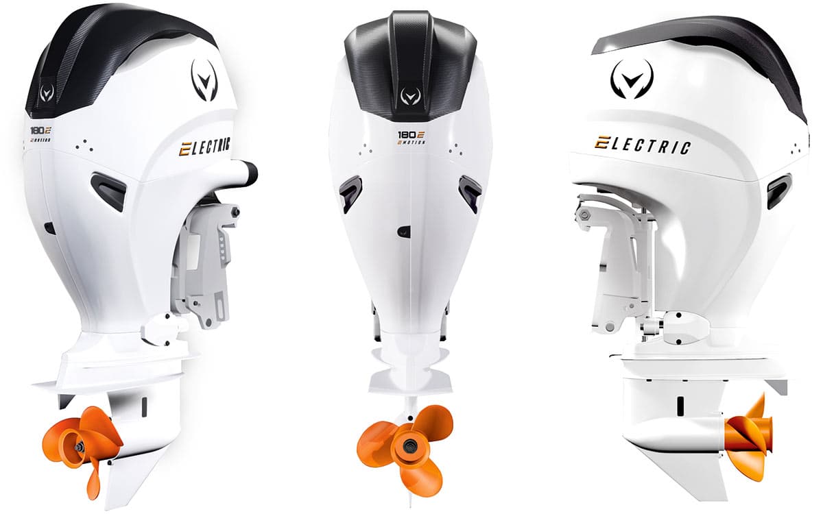 Vision Marine V24 electric outboard motor shown from rear, front, and side views.