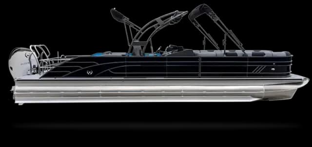 Side profile of the Vision Marine V30 pontoon boat, showing the hull, railing, windshield, and raised canopy frame.