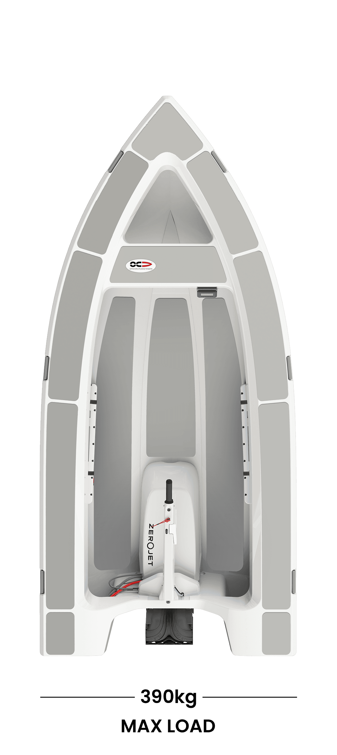 Top-down view of a 2026 Offshore Cruising Tenders OC330, showing the bow, interior seating, and stern-mounted outboard motor.