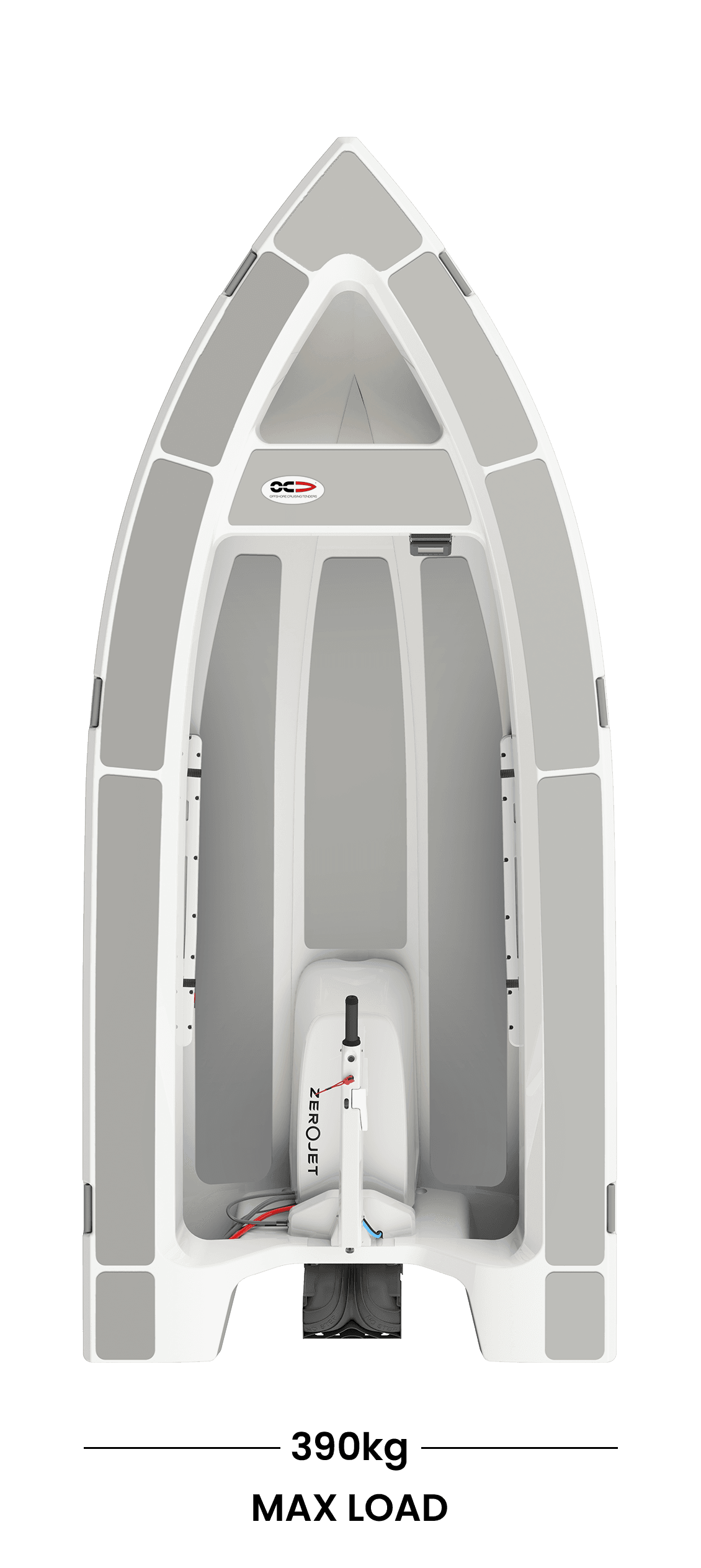Top-down view of the OC350 tender, showing the bow, open cockpit, seating, and stern-mounted outboard motor.