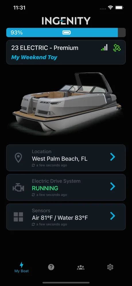 Ingenity 23E electric boat shown in a mobile app, viewed from the front-left quarter with the bow facing left.