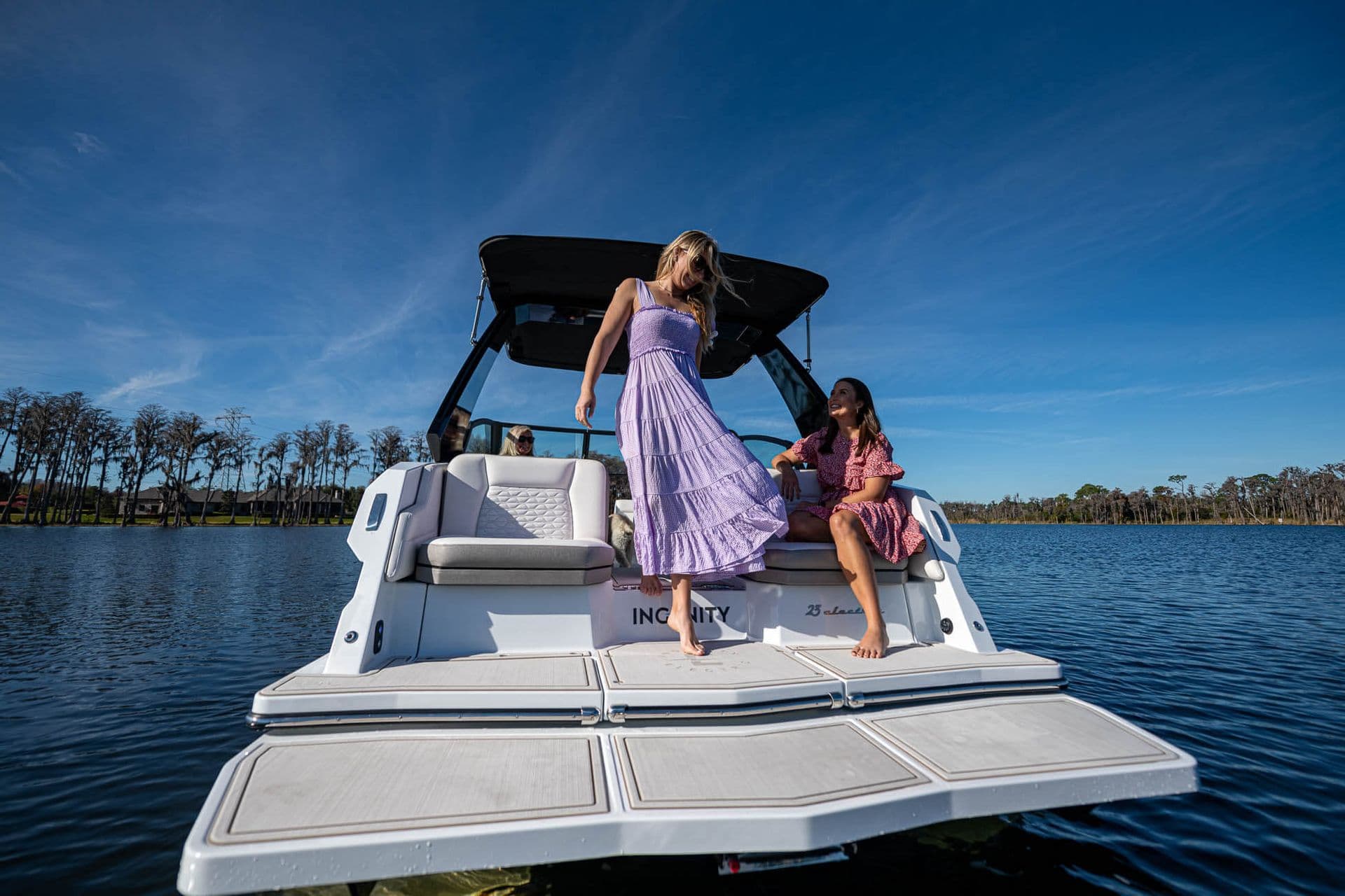 Rear view of an Ingenity 23E boat showing the swim platform, aft seating, and wakeboard tower on a lake.