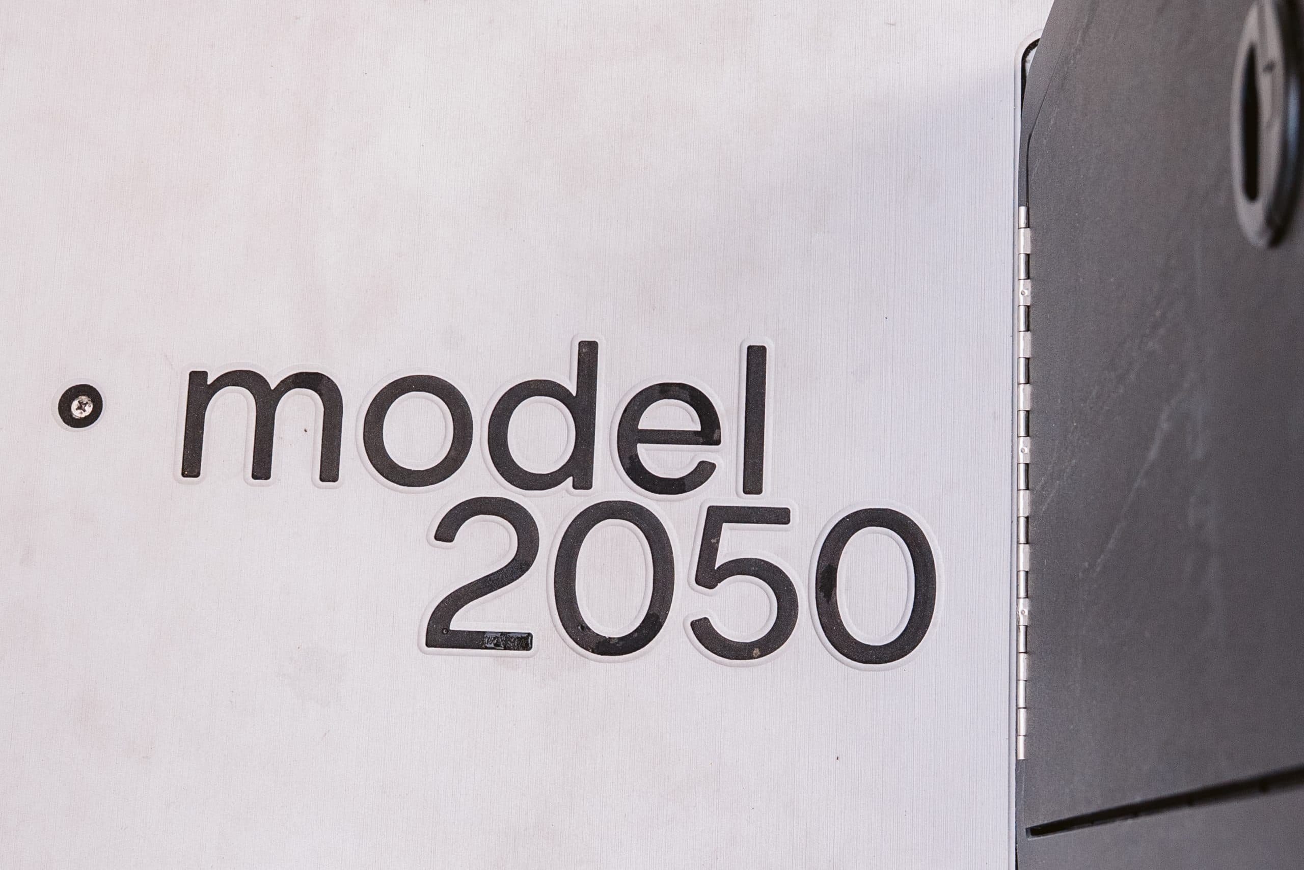 Close-up of Halevai model 2050 branding on a light-colored marine vessel deck