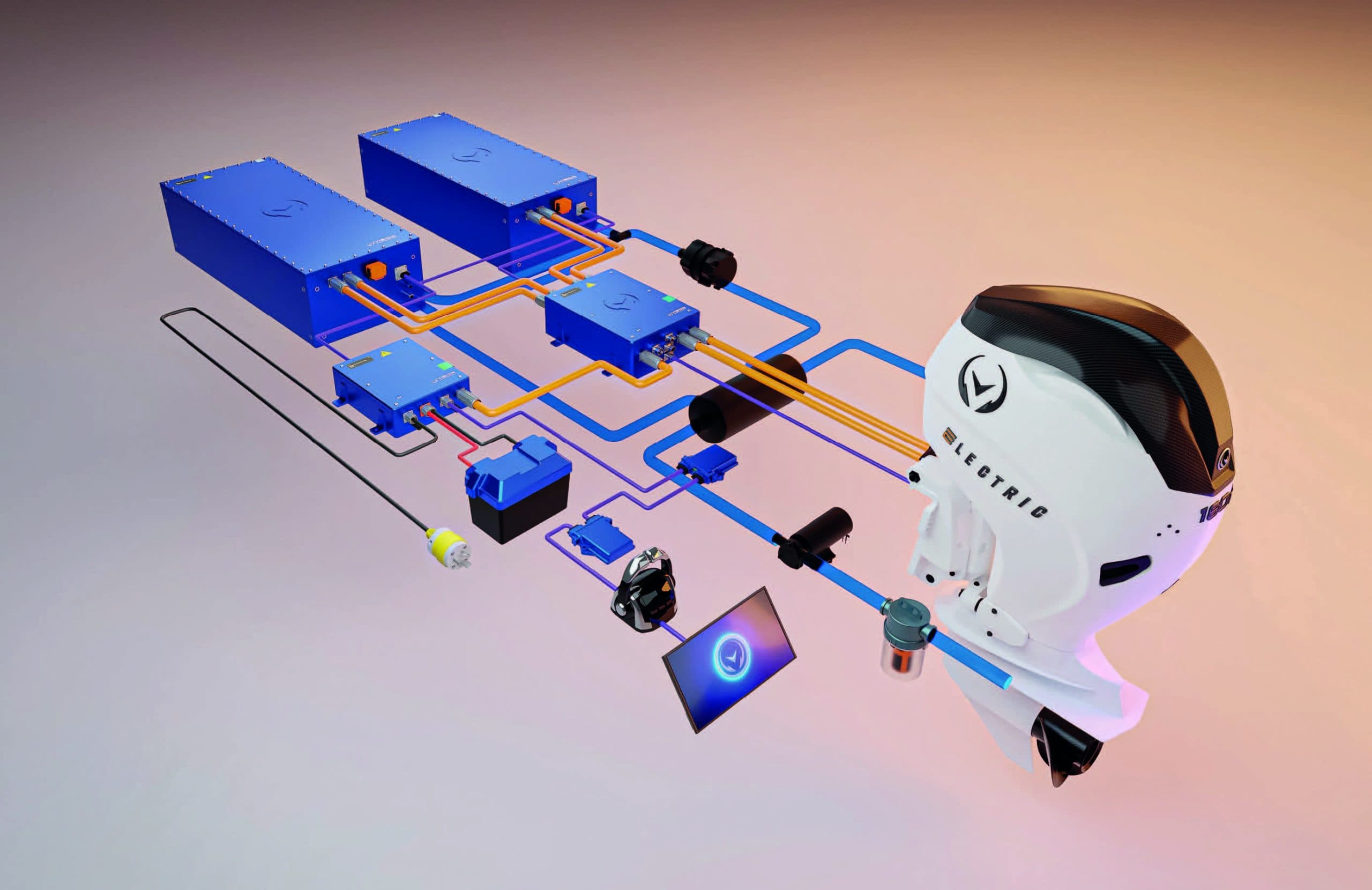 Vision Marine V24 electric propulsion system diagram with outboard motor, battery packs, wiring, and control components.