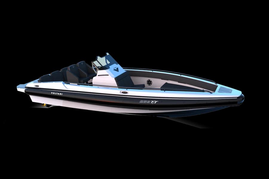 Side profile of a Voltari 260 T/T electric boat with open cockpit, windshield, and streamlined hull on a transparent background