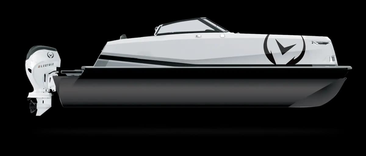 Side profile of a sleek white and black motorboat (2026 Vision Marine SPECTR) with an outboard motor at the stern.