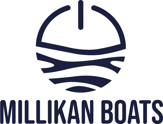 Millikan Boats logo with stylized wave and sail symbol.