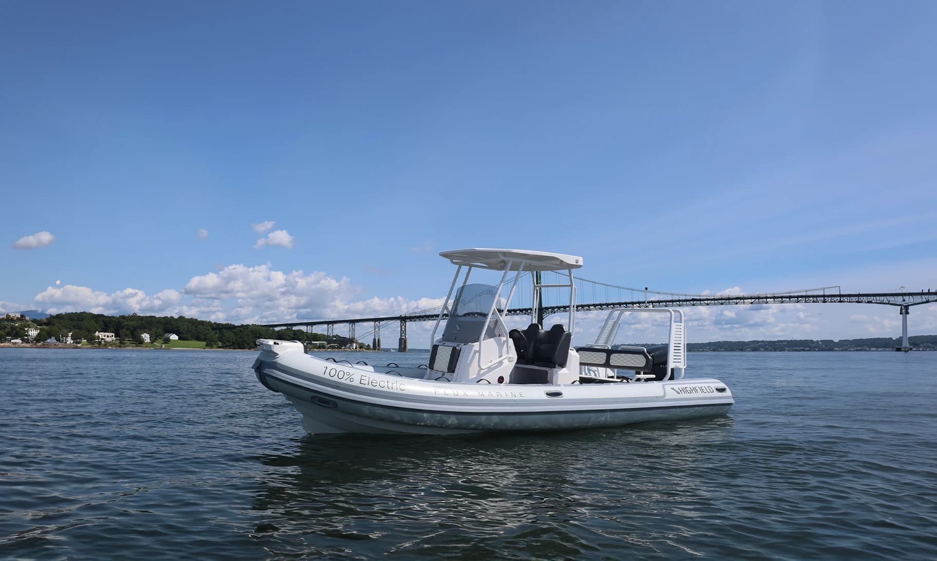 Highfield Sport 660 rigid inflatable boat with center console and canopy on calm water beneath a long bridge.