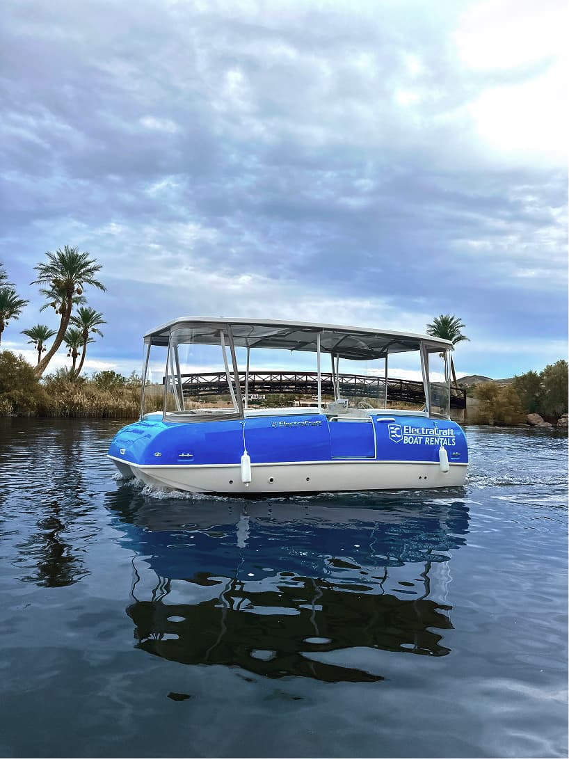 Blue ElectraCraft 162TR catamaran style boat with canopy cruising on calm water, blue fenders, viewed broadside against a palm-lined shore.
