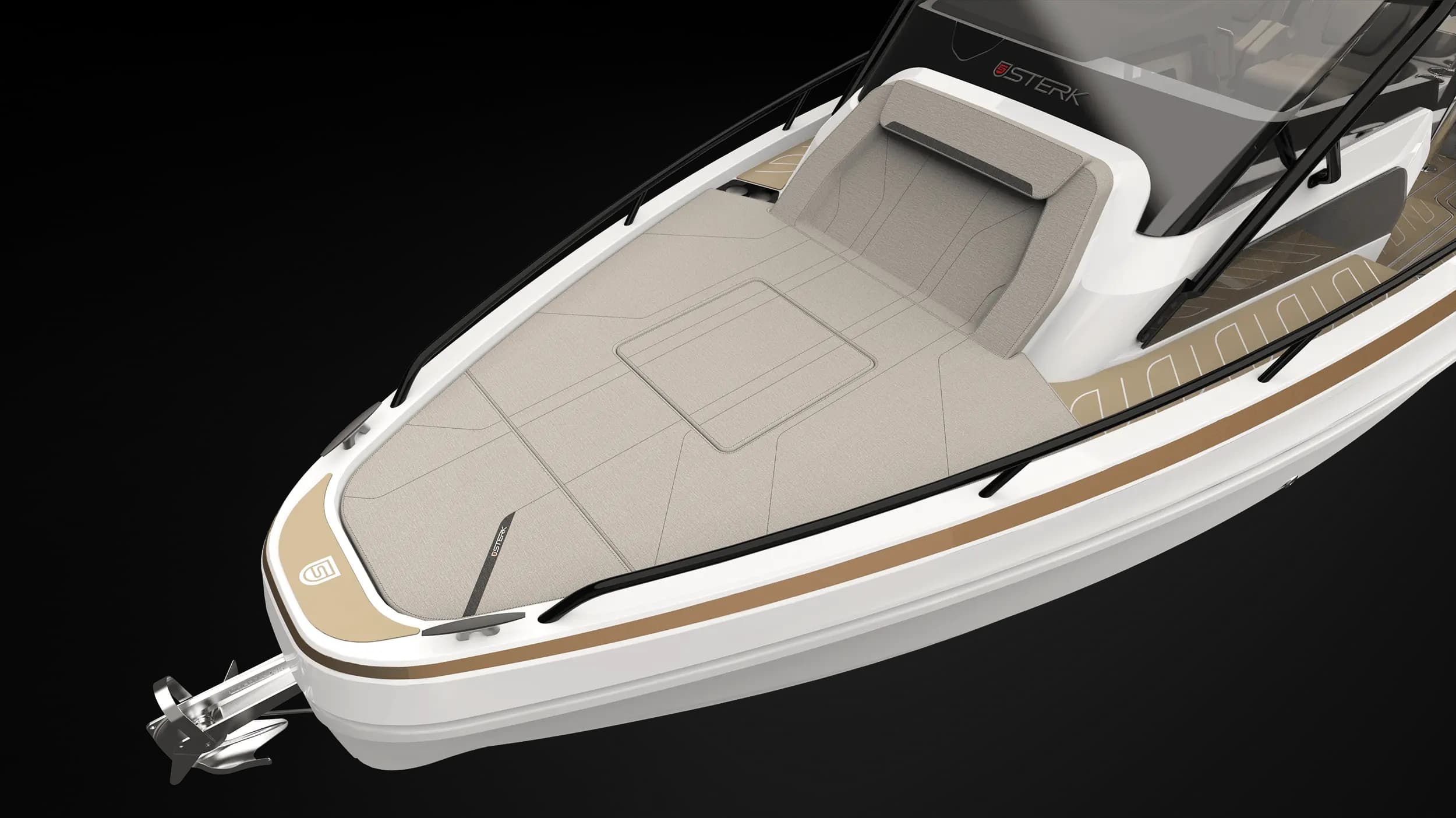 Sterk 31E electric boat shown from above, with a spacious cushioned bow, open windshield, side railings, and stern propeller visible.