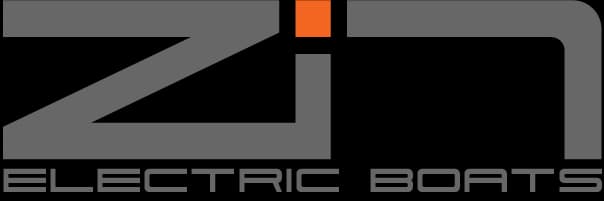 Zin Electric Boats logo featuring stylized gray lettering and orange accent on a black background