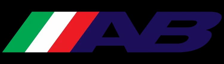 AB logo with green, white, red, and navy-blue diagonal stripes and lettering on a transparent background
