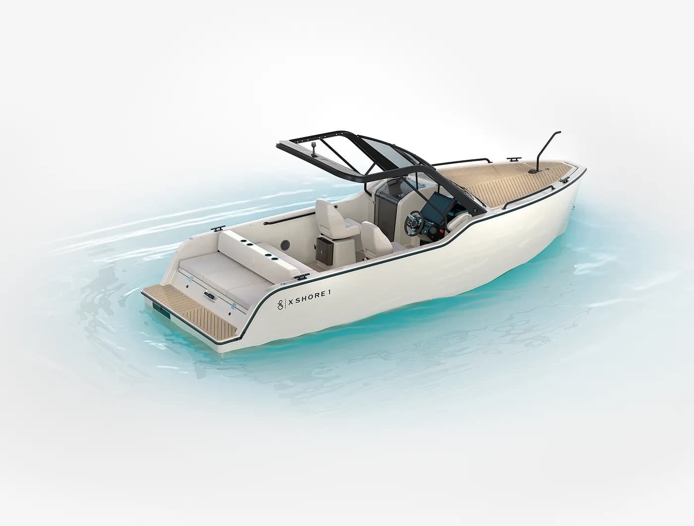 X Shore XS1 motorboat viewed from above and aft, showing the open cockpit, helm, seating, swim platform, and bow deck.
