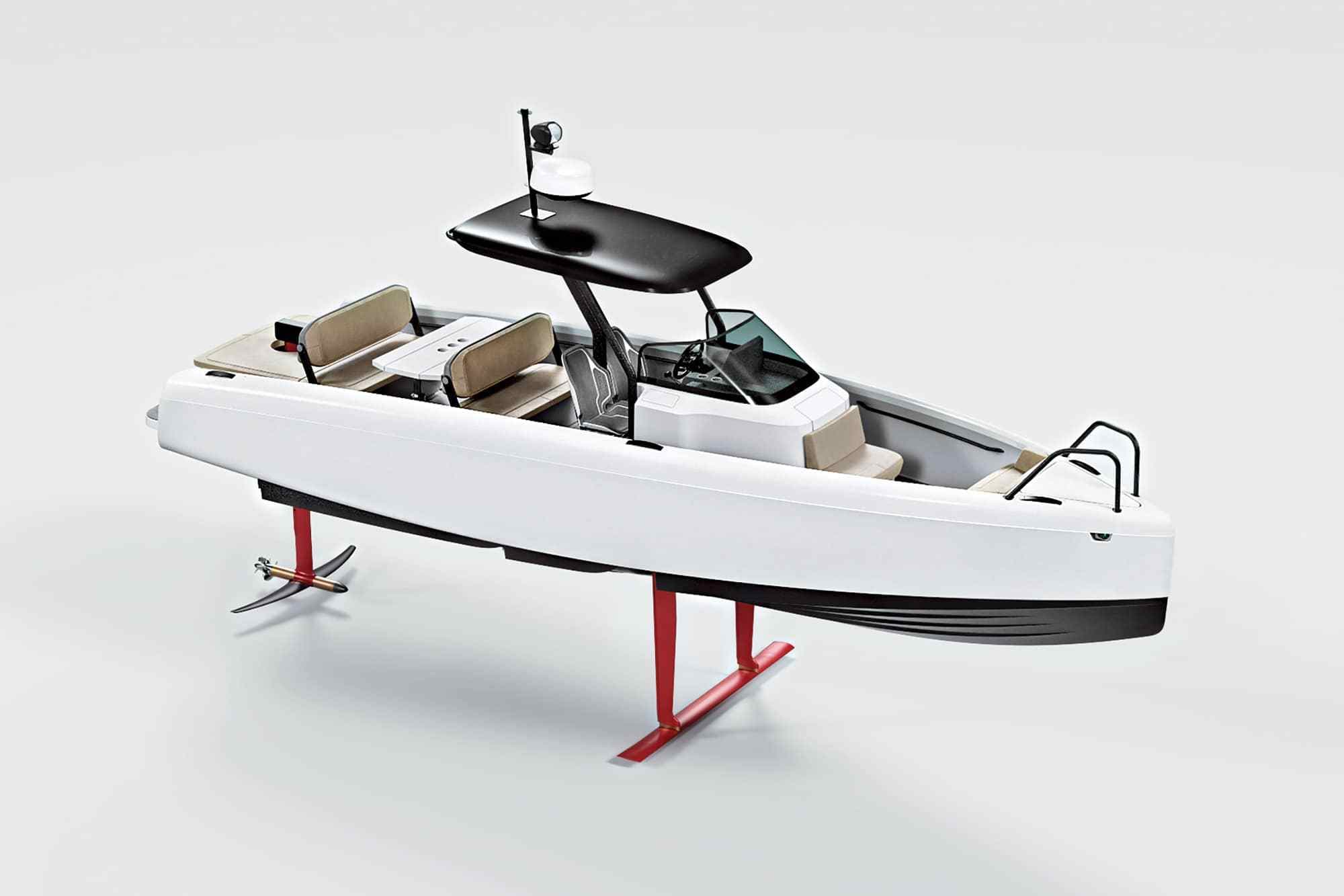 Candela C-8 shown in side view, elevated on red hydrofoils, with the open cockpit and bow visible.